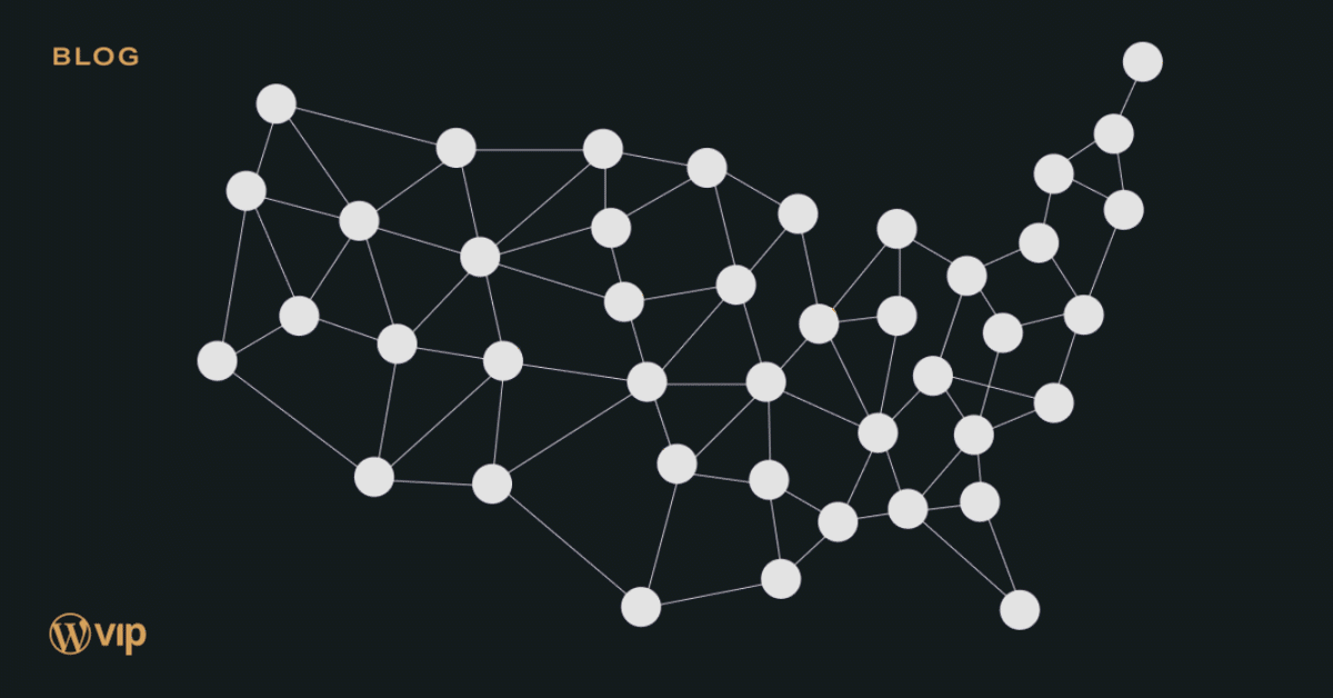 A network of nodes which creates the shape of the United States which symbolizes WordPress VIP's infrastructure