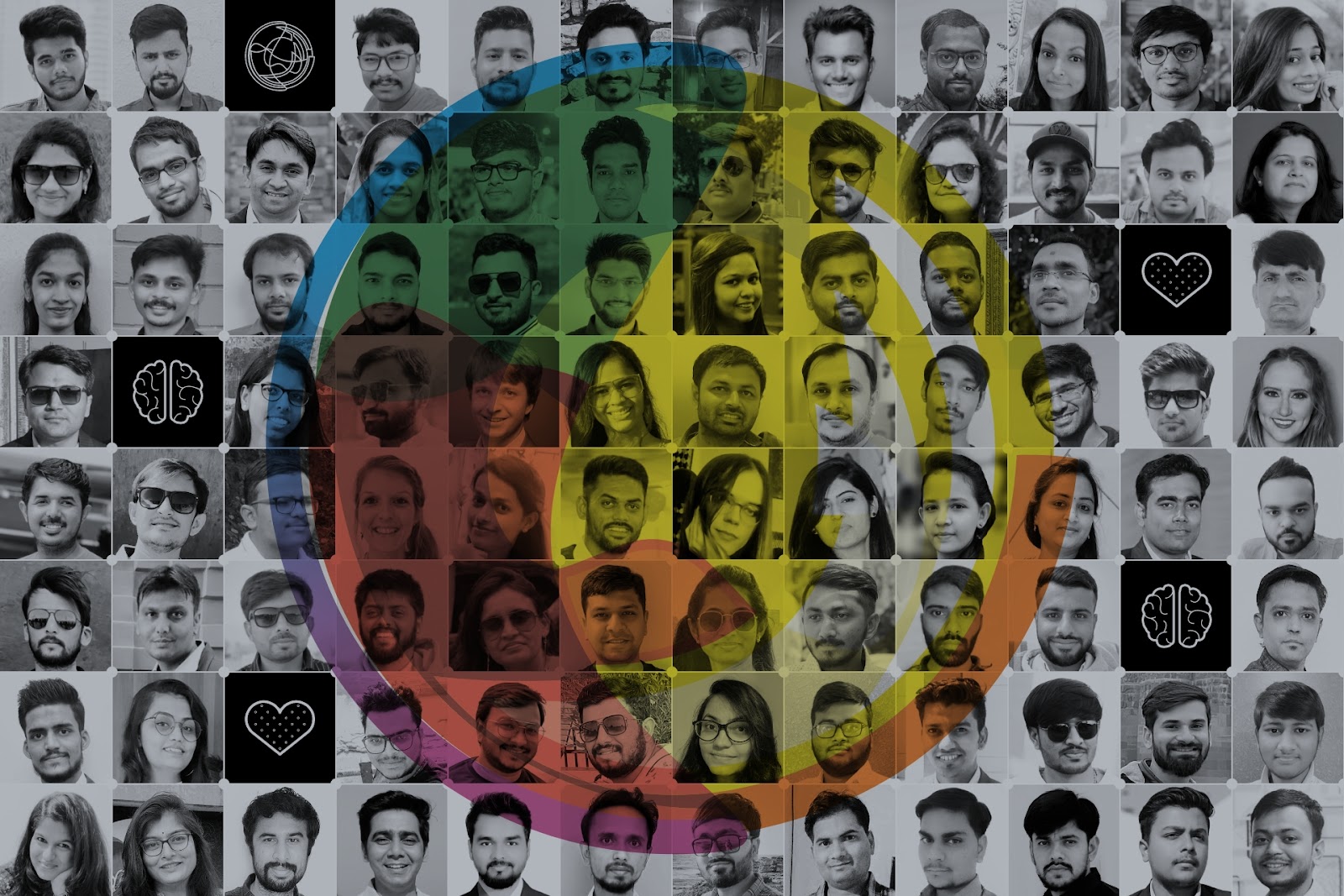 Collage of faces and icons with the Multidots logo overlayed in various colors