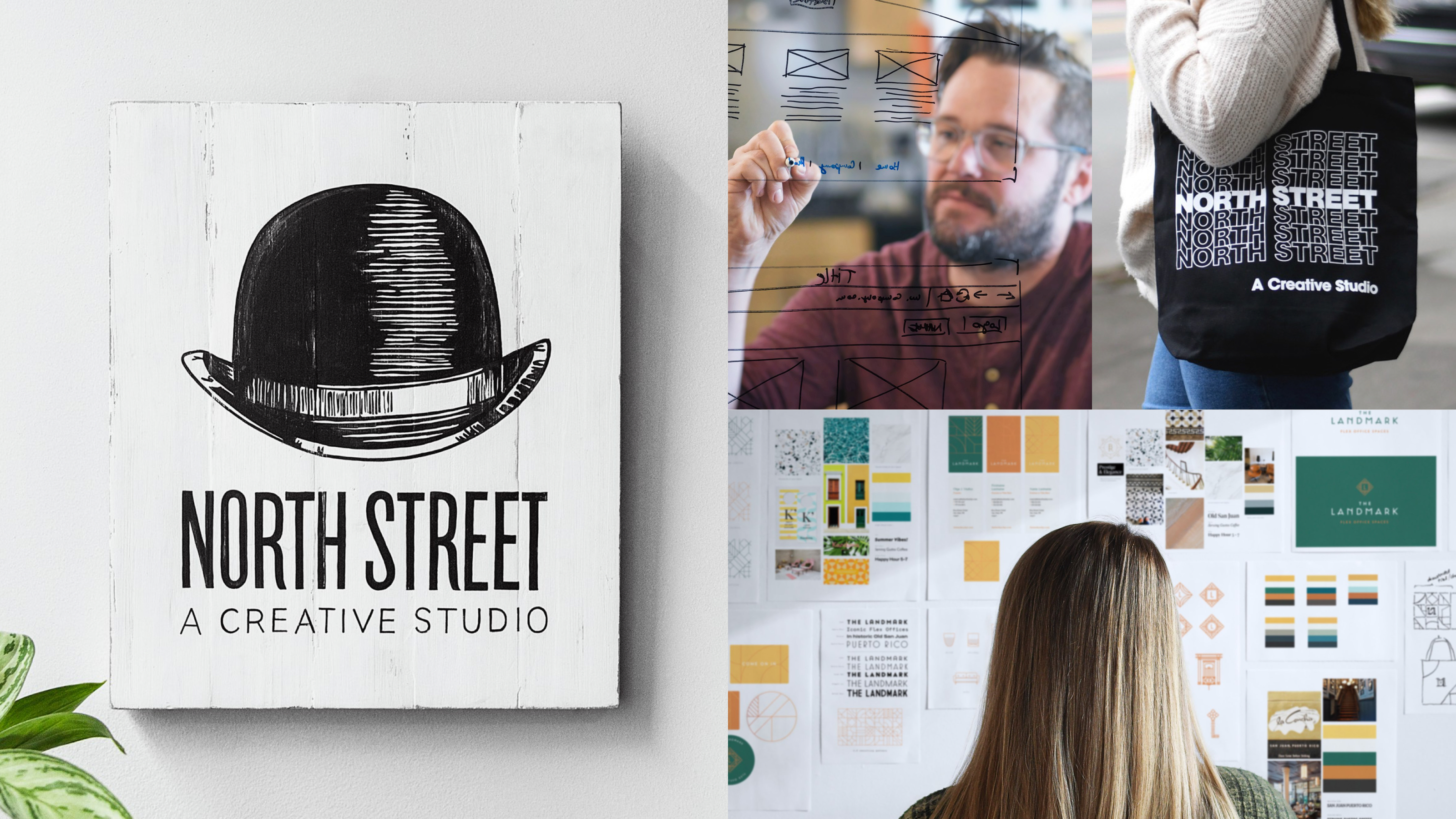 a compilation of 4 different images including the back of a long haired person's head who is looking at a design board, a person holding a black tote bag with the text "North Street, a creative studio", a person drawing several shapes on a clear dry erase board, and an image of a bowler hat painted on wood planking with the text North Street a creative studio