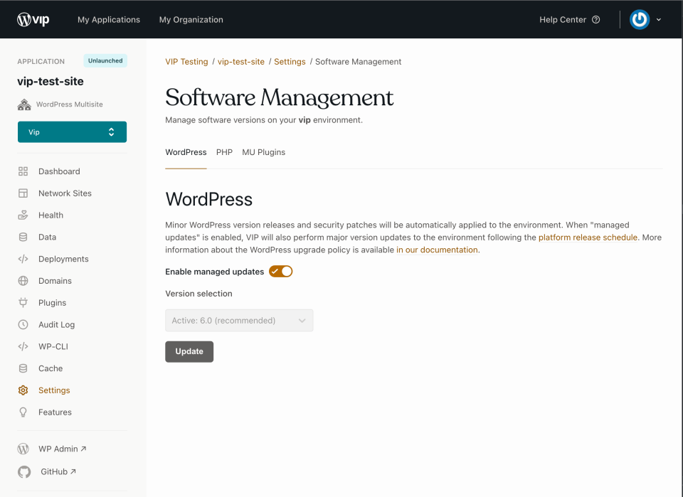Example screenshot of the Software Management panel, with the WordPress options displayed