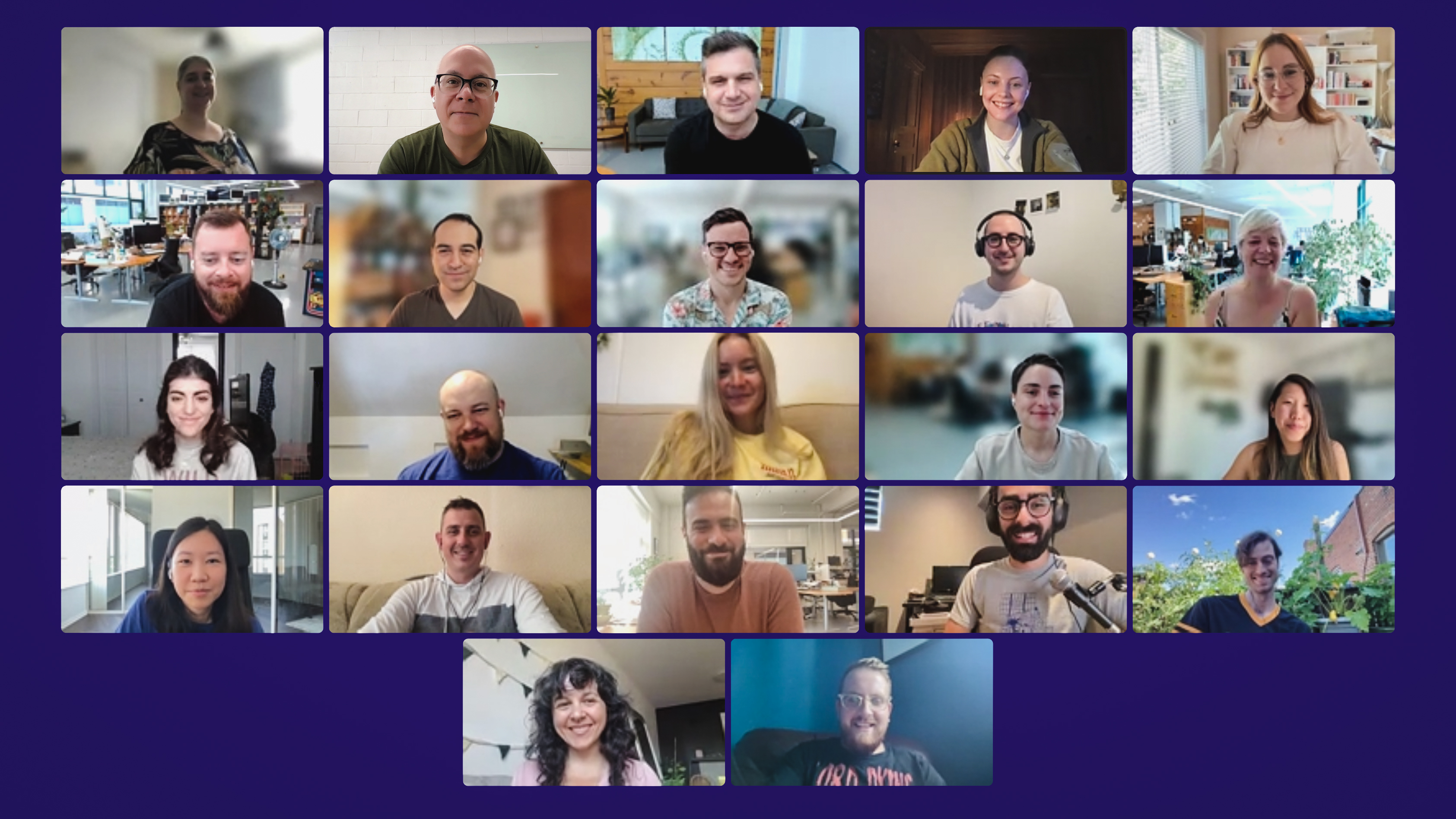 Screenshot of a zoom call with 22 different images of people smiling into the camera with various backgrounds