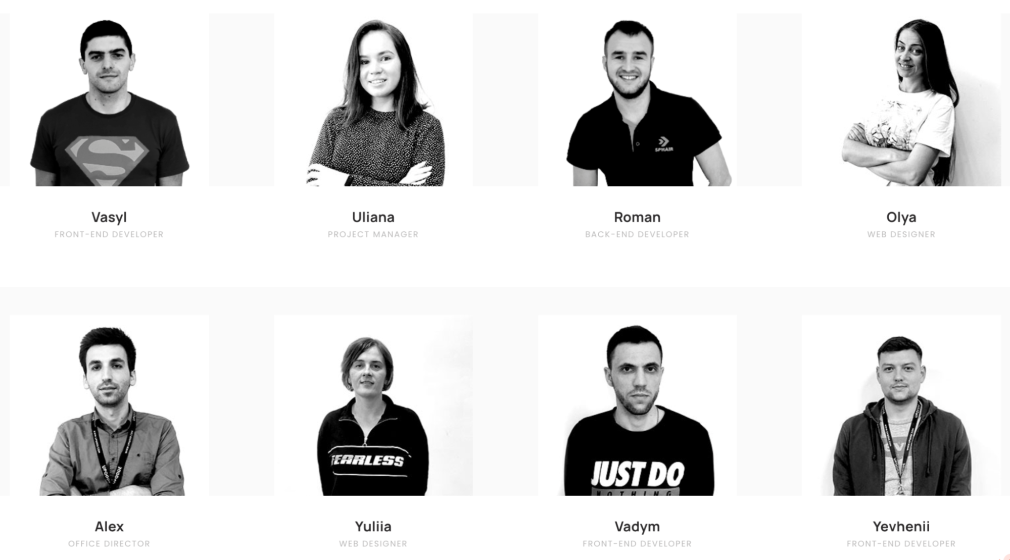 Headshots of the following people from UPQODE: Vasyl, Uliana, Roman, Olya, Alex, Yuliia, Vadym, and Yevhenii