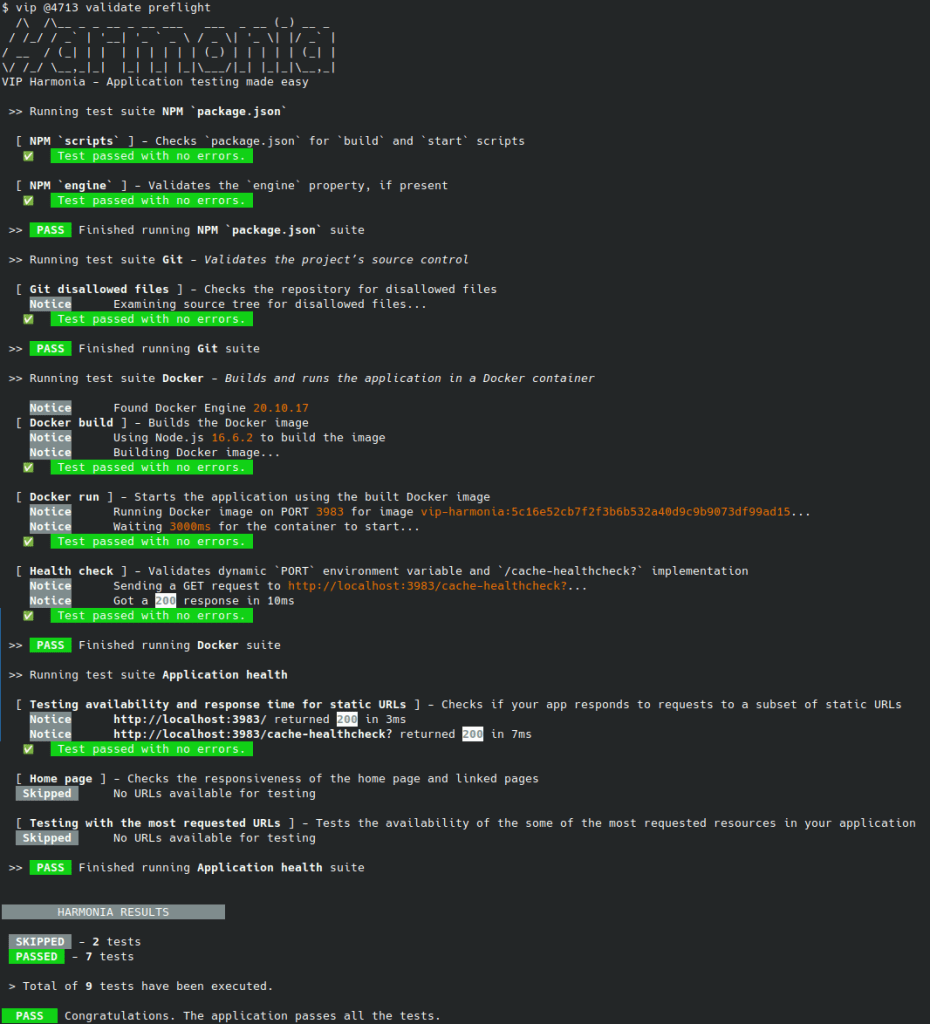 Example screenshot of Harmonia feedback in VIP-CLI command output with a final test result reported as Passed