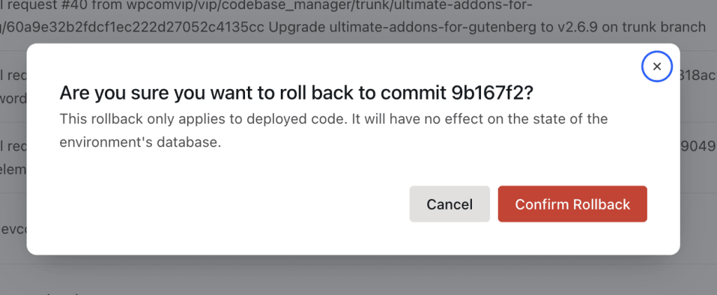 Screenshot from VIP Dashboards confirmation screen for deployment rollbacks