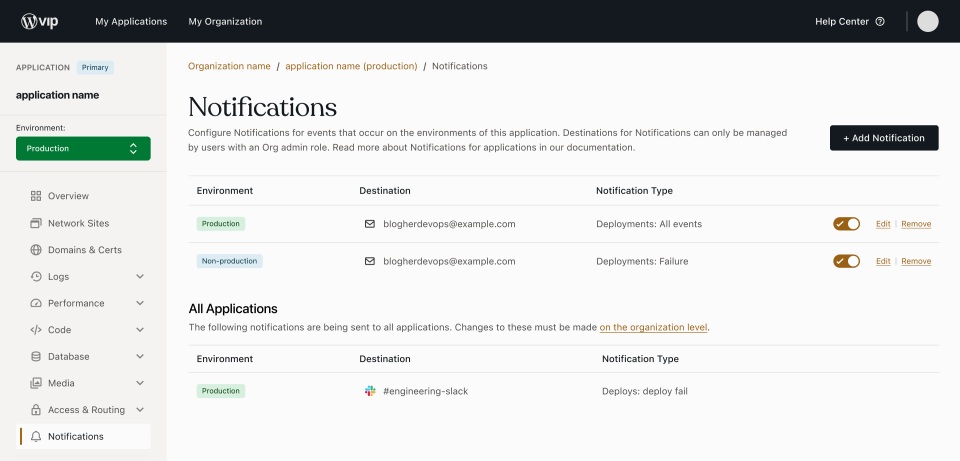 The Notifications management screen in the VIP Dashboard, showing deploy notifications for different environments, some for deployment success, some for deployment failure, and some for all deployment events.