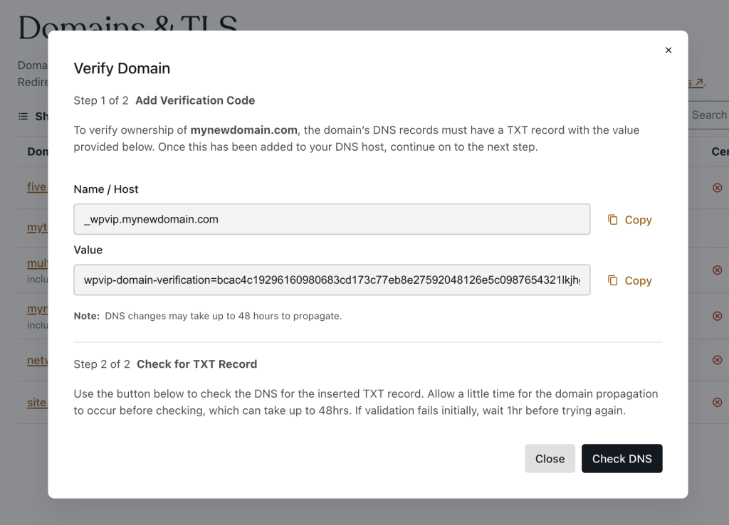 Confirming a verified domain in the VIP Dashboard
