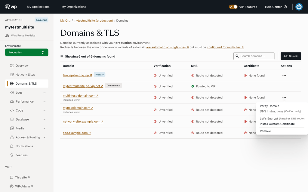 Domains & TLS page in the VIP Dashboard, with the Actions menu open showing the Verify Domain option