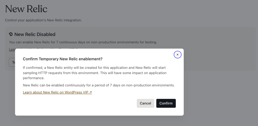 Confirmation dialog for temporarily enabling New Relic on a non-production environment in the VIP Dashboard