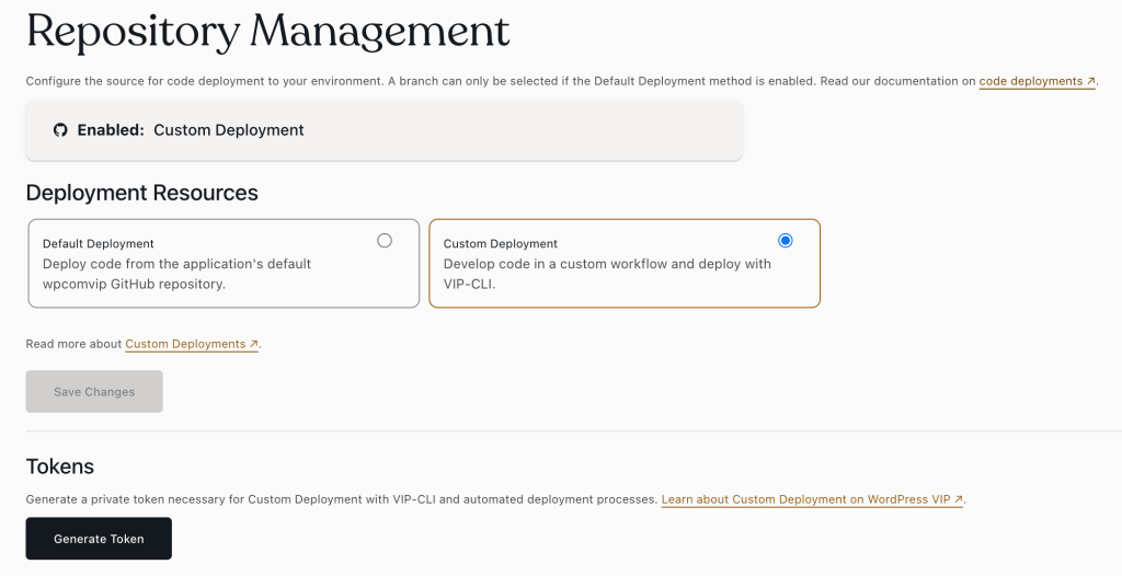 Repository Management page in the VIP Dashboard with Custom Deployment selected