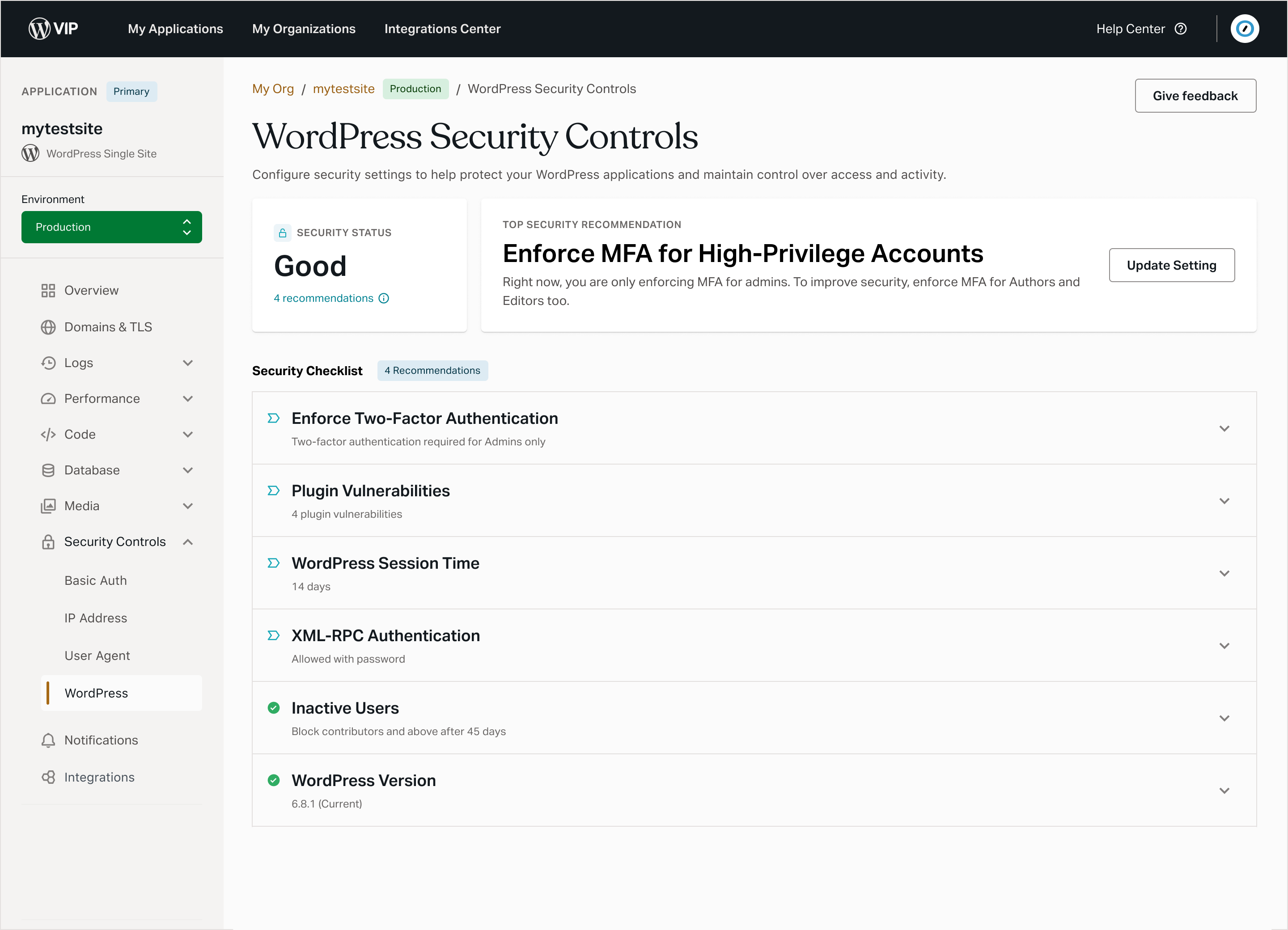 New WordPress Security Controls page in the VIP Dashboard (matches existing caption)