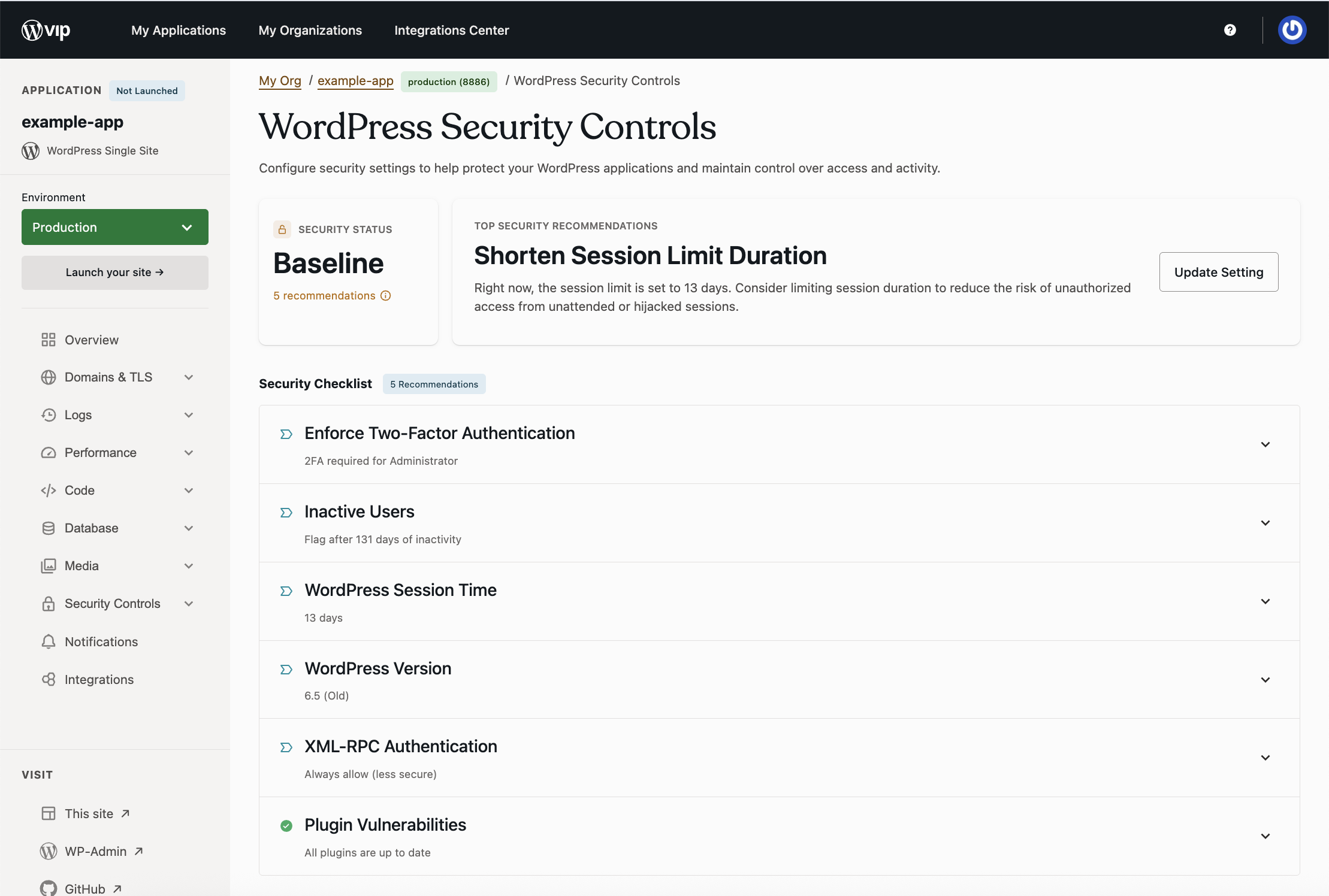 WordPress Security Controls page in the VIP Dashboard