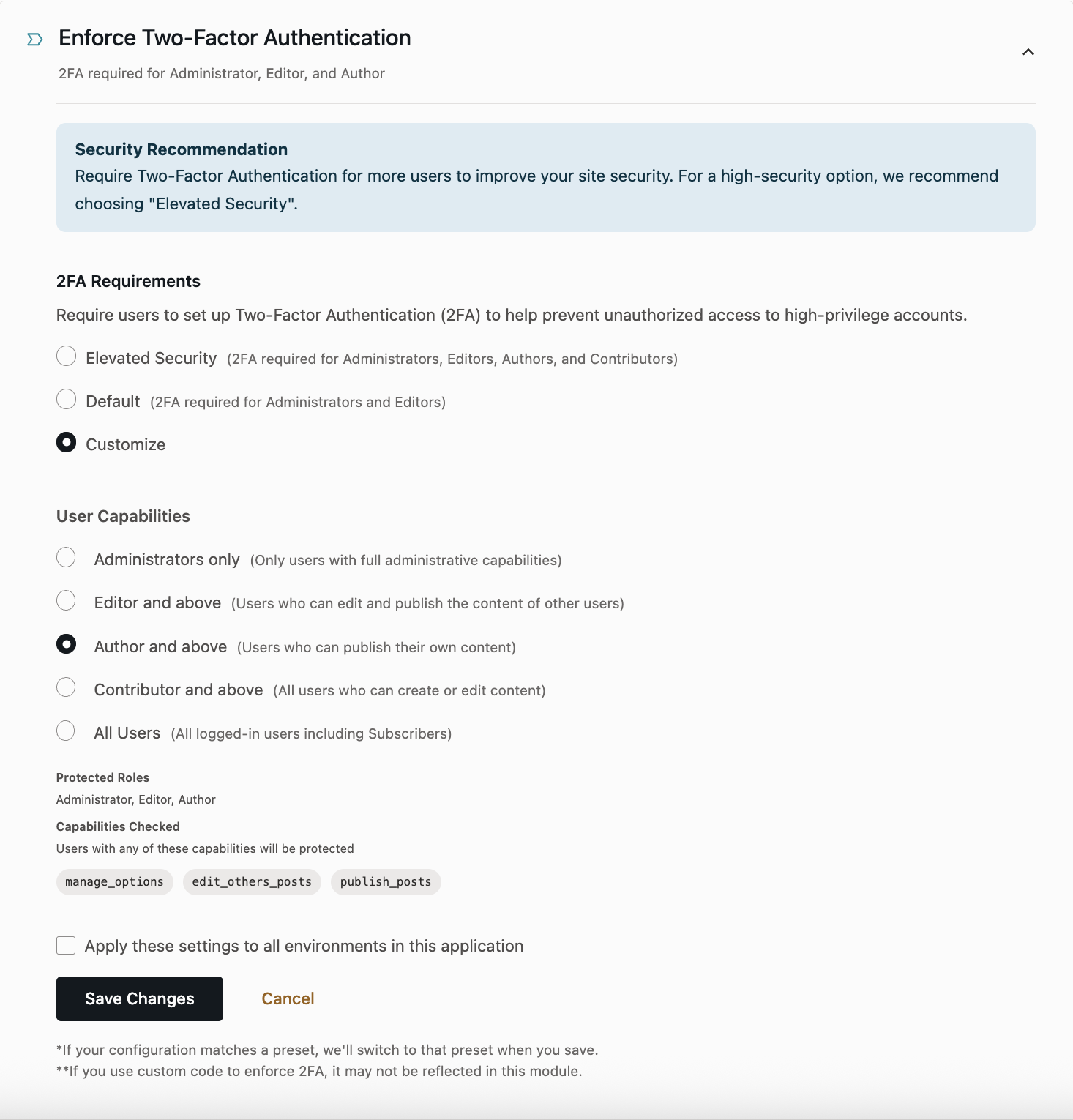 Security controls settings panel