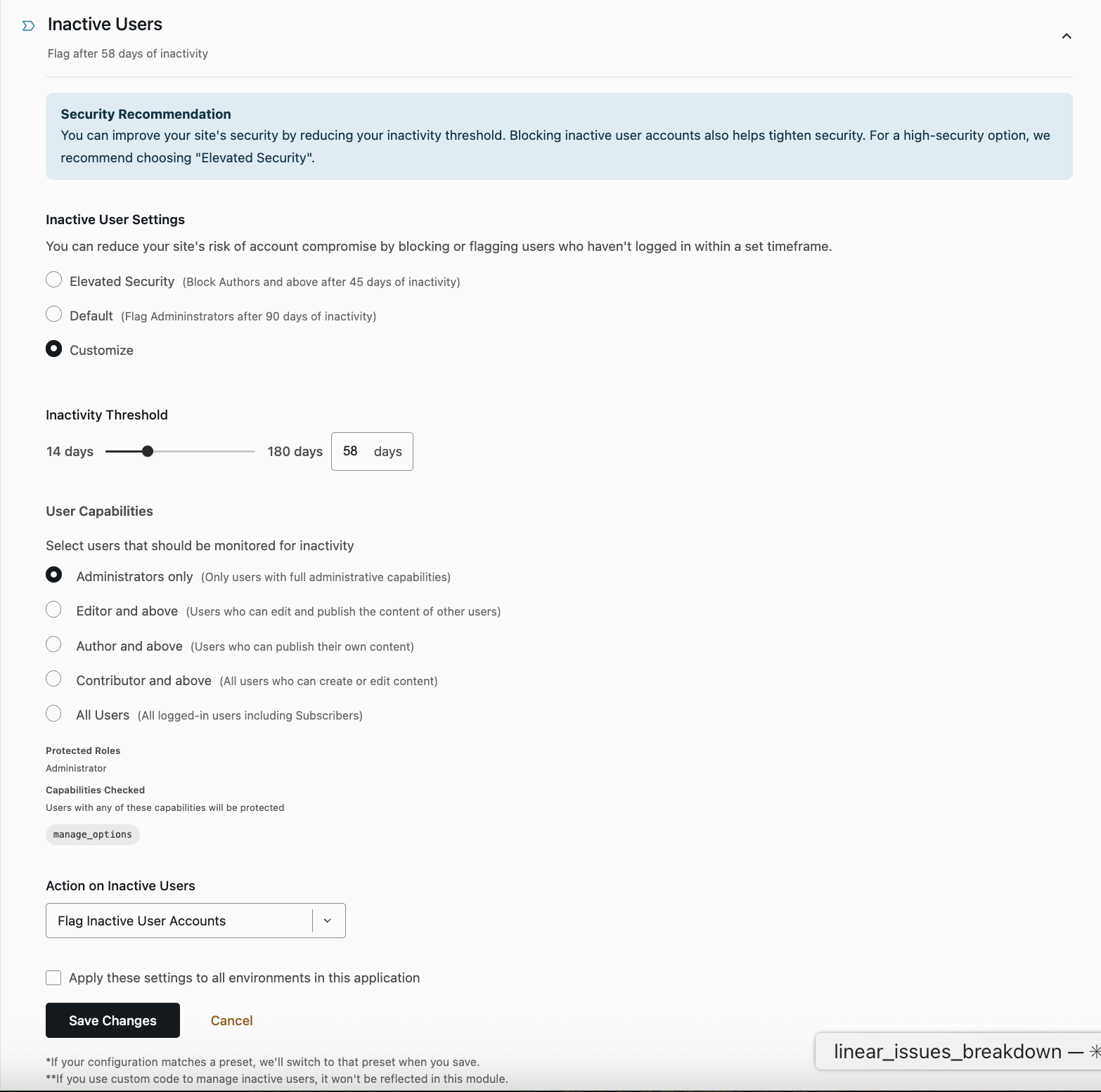 Configuring a security control setting