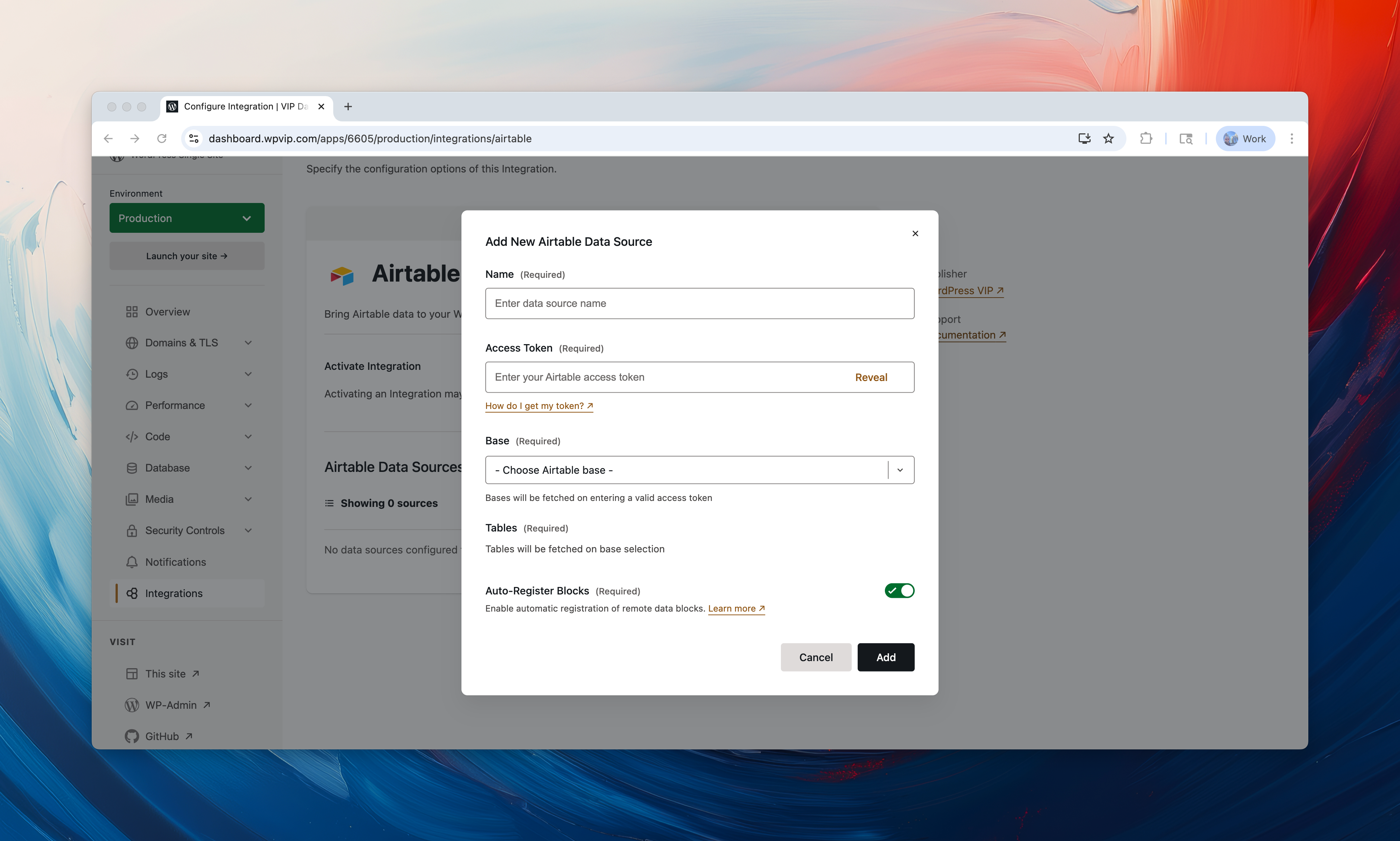 Selecting a data source for a Remote Data Block in the editor