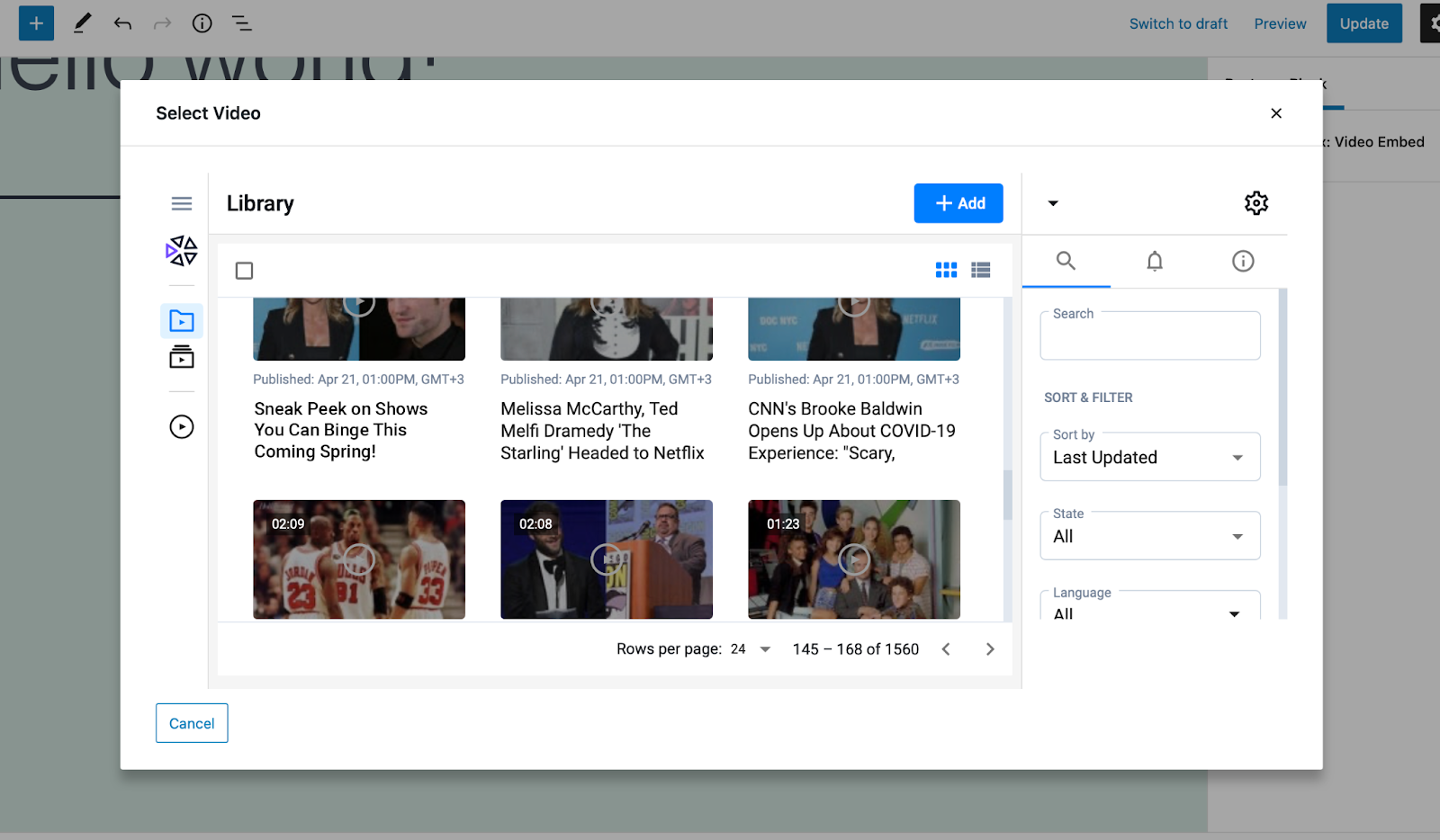 Connatix video library modal for selecting a video in the WordPress block editor