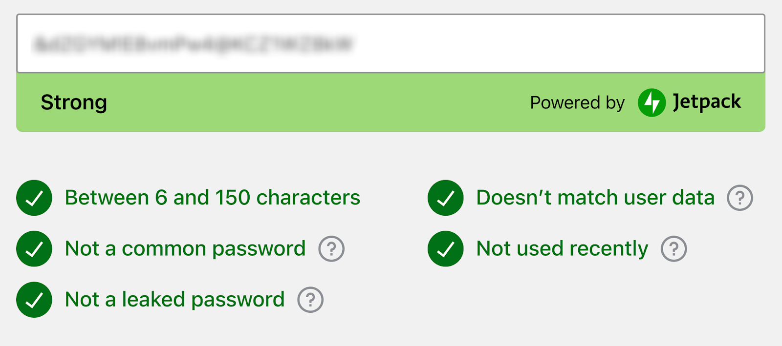 Jetpack password strength meter showing a strong password meeting all requirements