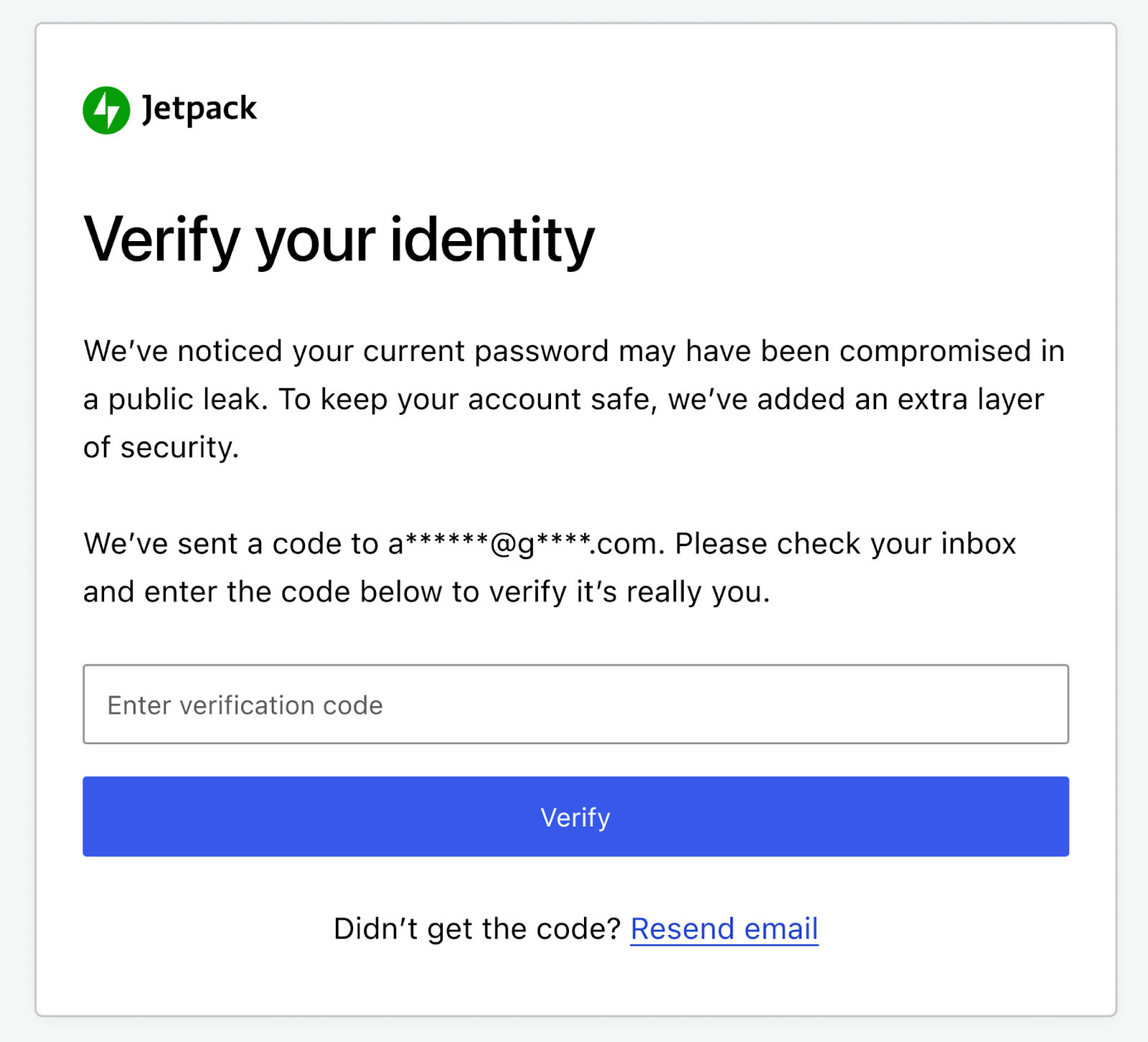 Jetpack Verify your identity prompt asking for an emailed verification code after a password appears in a breach