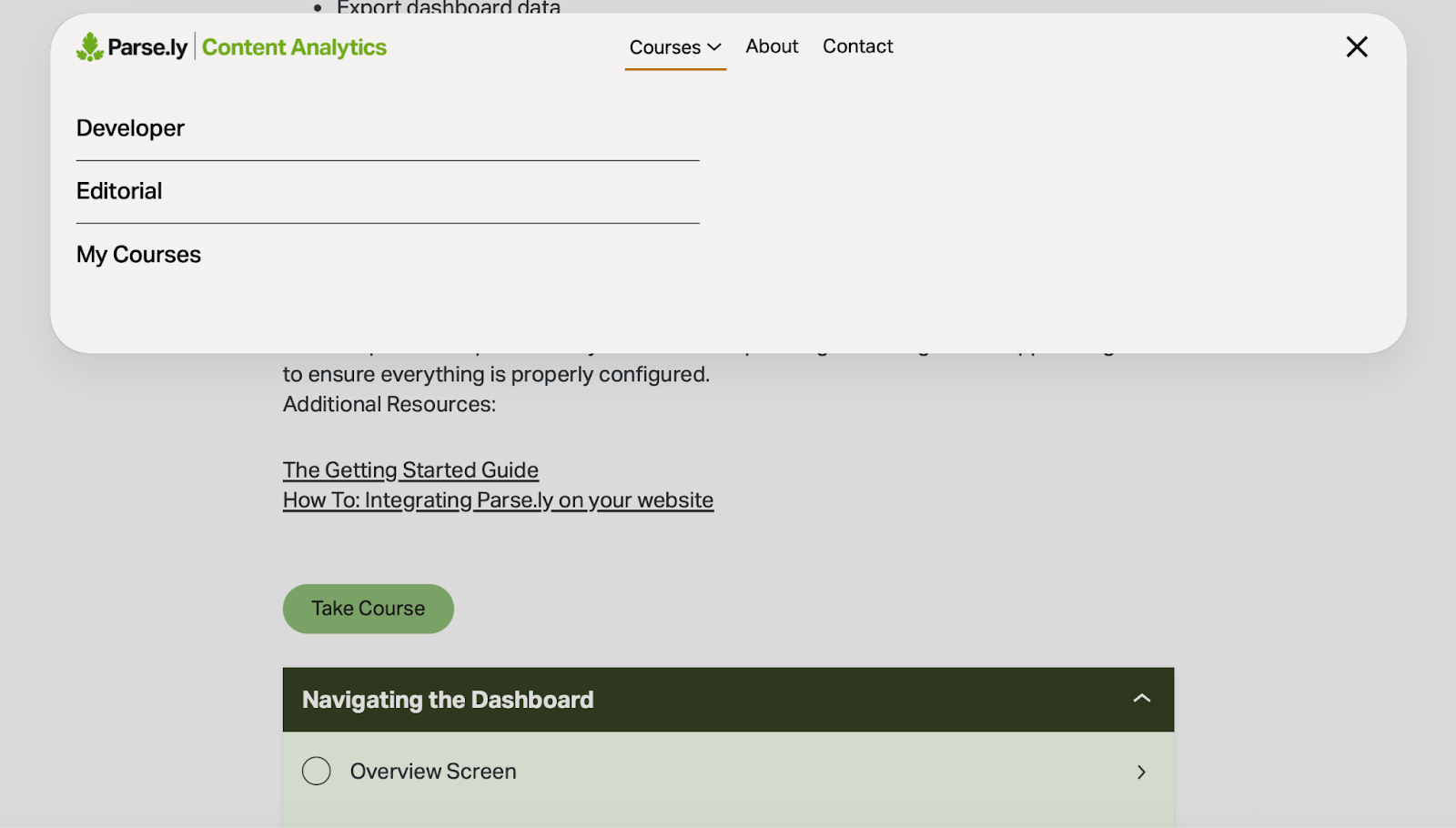 Parse.ly Content Analytics course menu on VIP Learn showing the Developer, Editorial and My Courses tracks