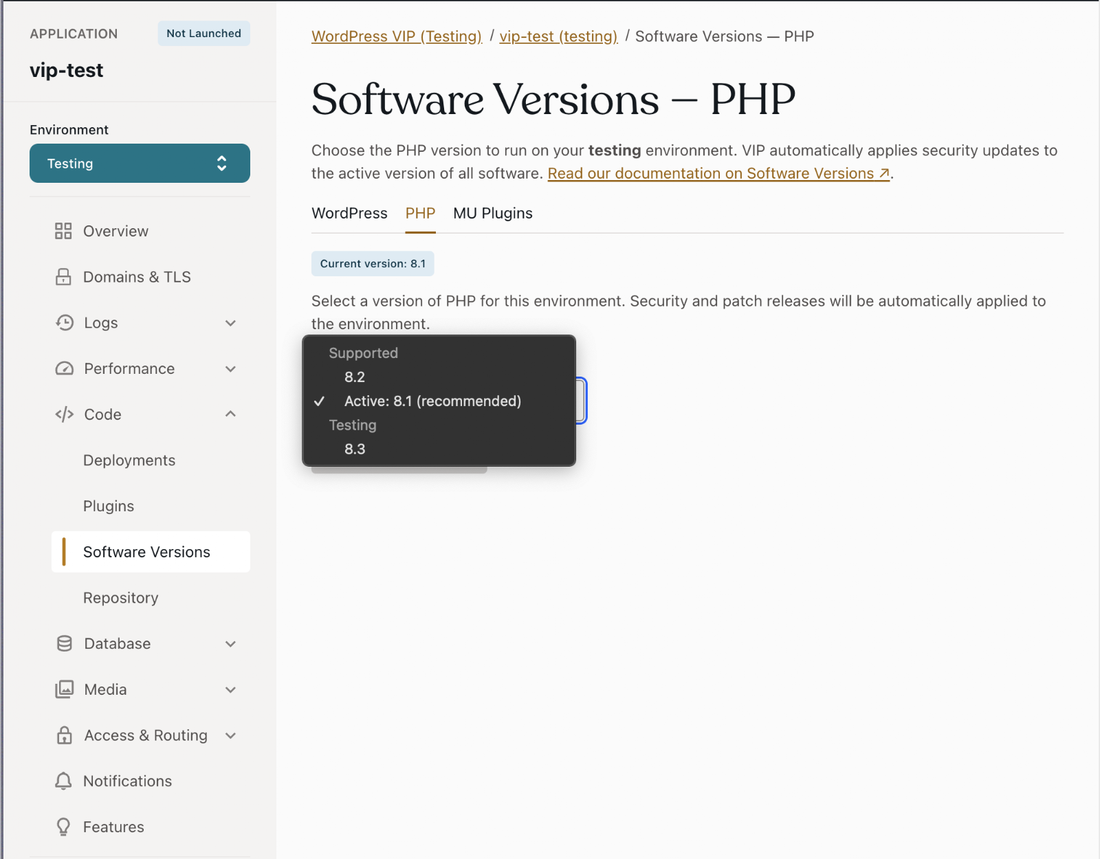 VIP Dashboard Software Versions page with the PHP selector showing 8.3 available in the Testing environment